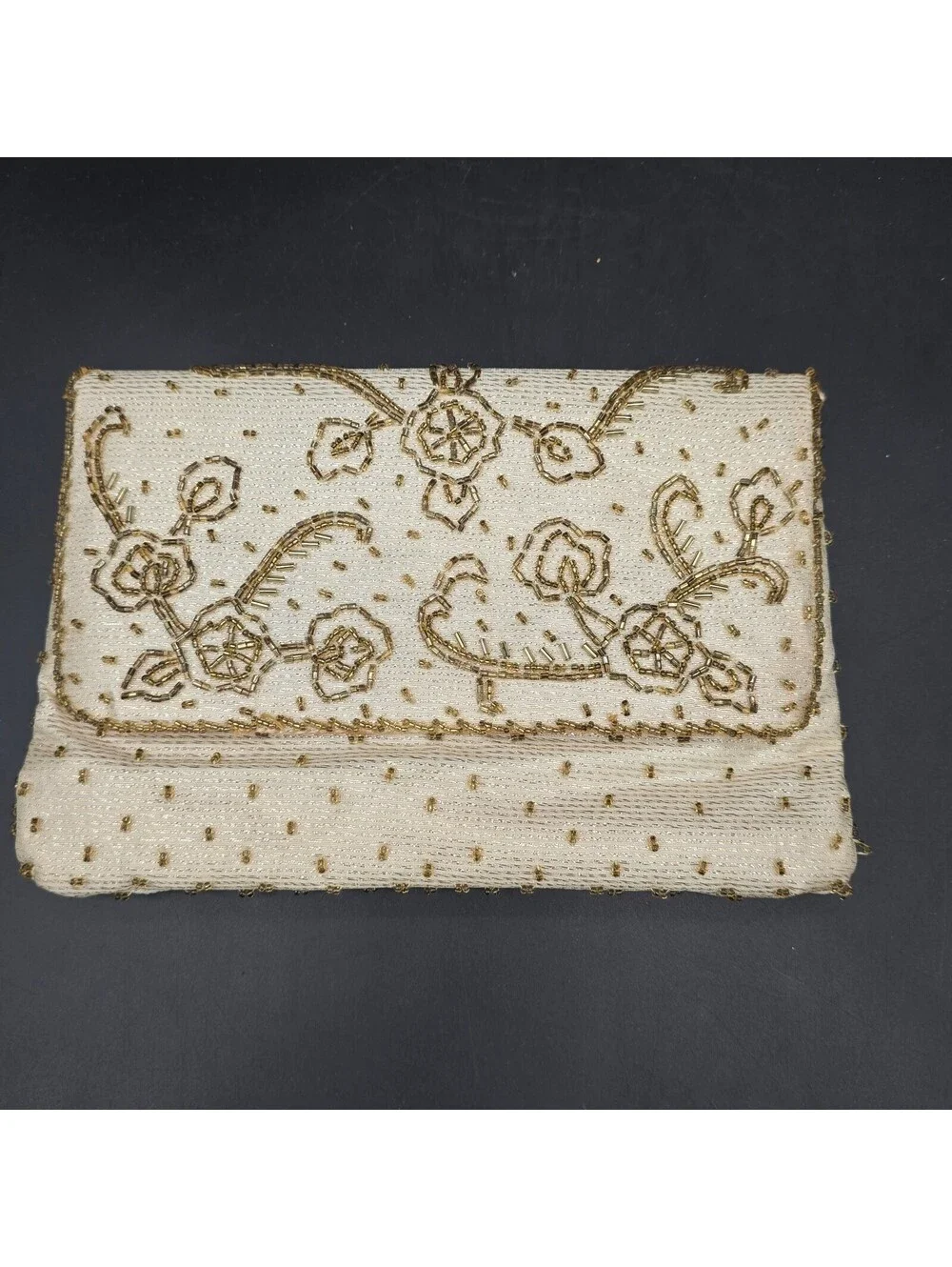 Vintage La Regale Hand Beaded Clutch Purse Cream Gold Floral Evening Bag 1980s
